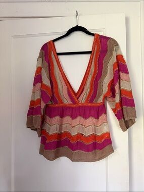 Missoni Deep V-Neck Striped Knit Women's Top in Pink and Orange